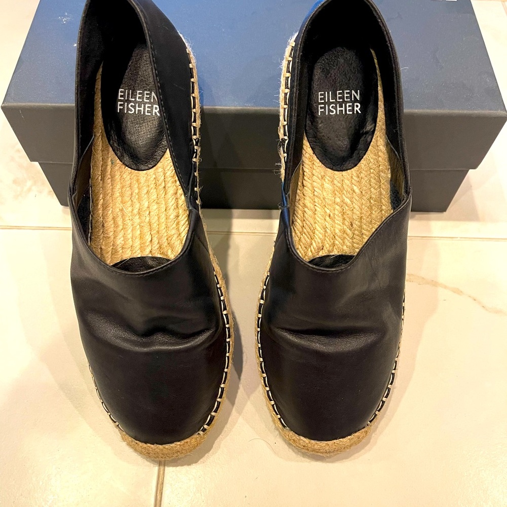 Original Eileen Fisher black leather espadrilles.